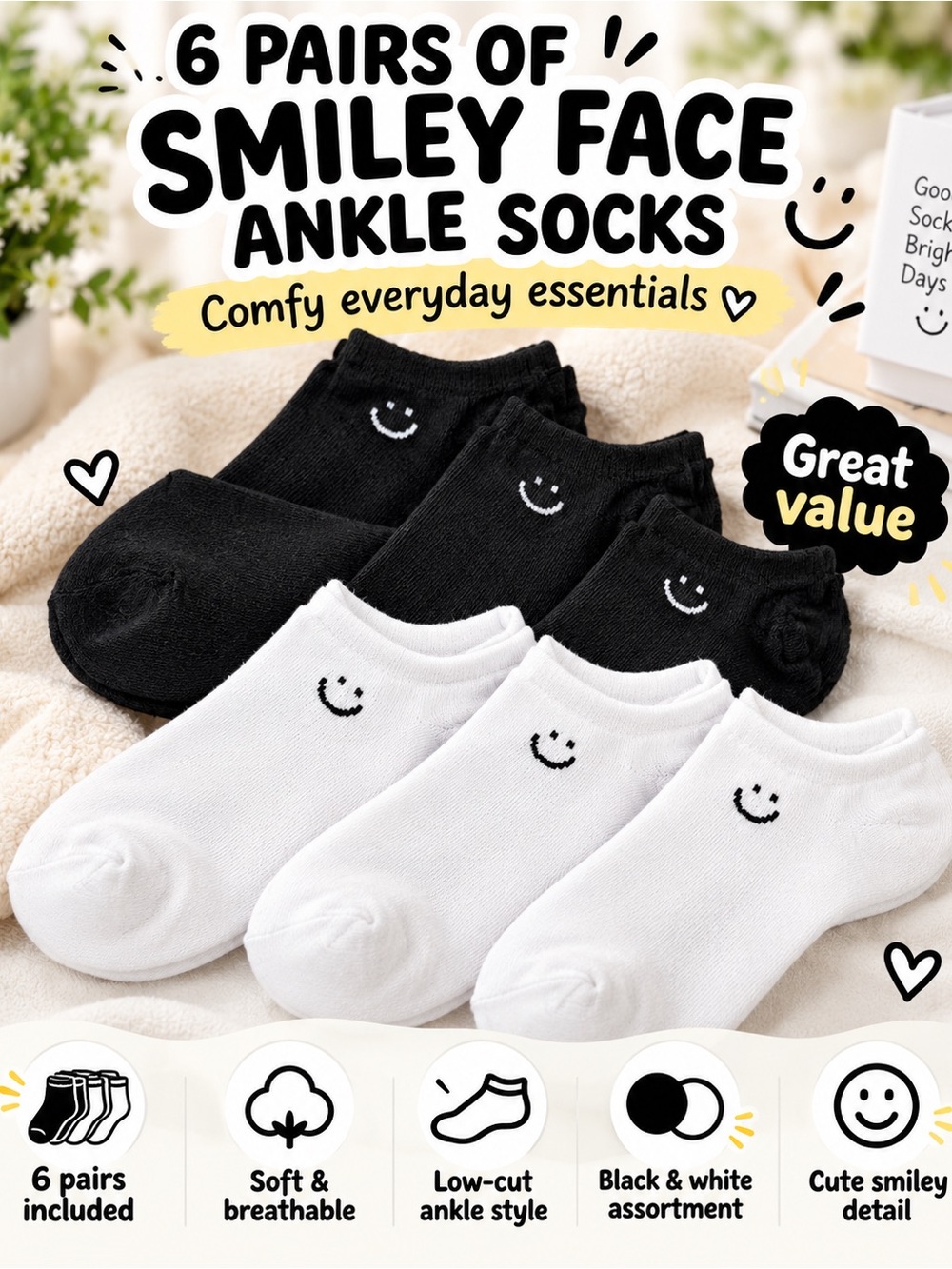 Smiley Face Ankle Socks - 6-Pack Black & White